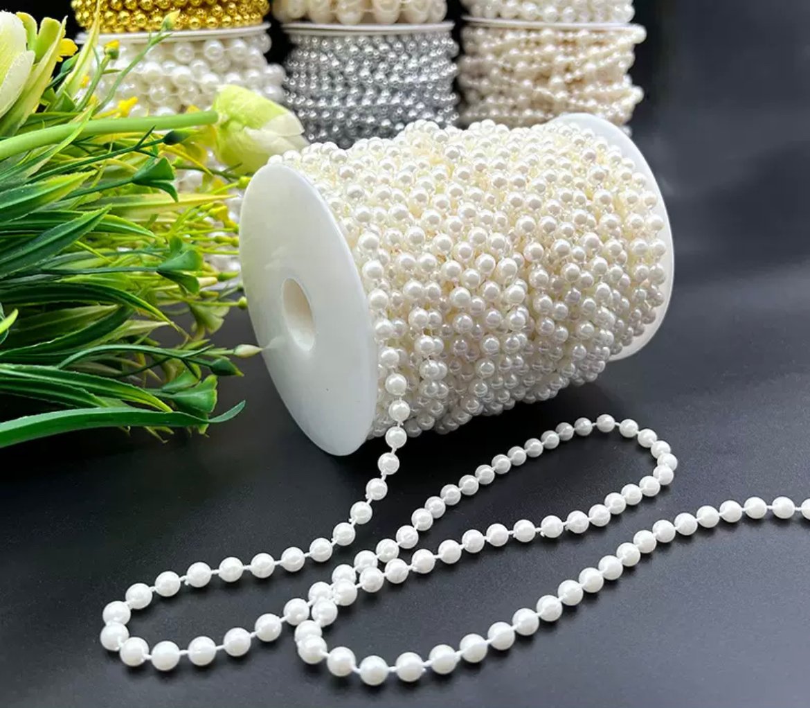 white-pearl-chain-roll رول حبل لولو - ابيض - 24 متر - الصورة 1